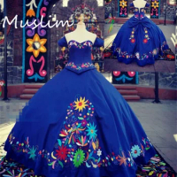 Blue Mexican Quinceanera Dress 2024 Emboridery Flowers Short Sleeve Vestidos De 15 Rojo Birthday Dress Vintage Debutante Anos