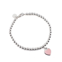 【Tiffany&Co. 蒂芙尼】粉紅色法瑯心牌墜飾925純銀圓珠手鍊