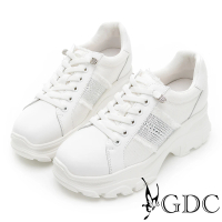 【GDC】真皮水鑽拼接單寧風厚底免綁帶休閒鞋-白色(316172-11)