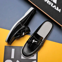 Mens Casual PU Leather Classic Boat Shoes Loafers Shoes Handmade Shoes High Quality Half Slipper Flats Lazy Shoes Muller Shoes