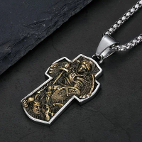 Men's & Women's 304 Stainless Steel Archangel Michael Medal Pendant Necklace - Greek Key-like Cross 