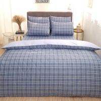 【LUST】低調藍格 100%純棉、單人加大3.5尺精梳棉床包/枕套組 《不含被套》、台灣製