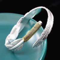 Vintage Two Tone Feather Cuff Bangle Bracelet for Men Opening Adjustable Bangle Male Jewelry Accessories
