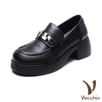 【Vecchio】真皮樂福鞋 厚底樂福鞋/全真皮頭層牛皮個性金屬釦厚底樂福鞋(黑)
