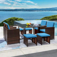 9 Pieces Patio Dining Outdoor Table and Chairs Table Set with Space Saving Rattan Chairs Patio Furniture Sets Cushioned Seating