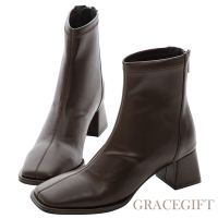 【Grace Gift】歐膩氛圍方頭粗跟襪靴 深咖