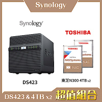 Synology DS423 4Bay NAS 網路儲存伺服器＋TOSHIBA  N300 3.5吋 4TB-兩入組