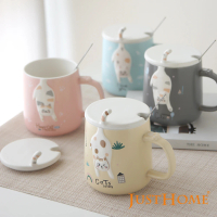 【Just Home】幸福貓陶瓷馬克杯420ml-附杯蓋及湯匙(馬克杯2入組)