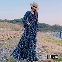 JILLI-KO V領雪紡深藍碎花高腰長袖桔梗洋裝連衣裙印花連身洋裝- 藍色