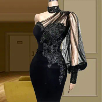 Elegant Black High Neck Mermaid Evening Dresses Single Long Sleeve Floor Length Evening Gowns