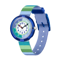 【Flik Flak】兒童手錶 綠色條紋 STRIPY GREEN 瑞士錶 兒童錶 手錶 編織錶帶(31.85mm)