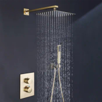 Bathroom Shower Faucet Set Wall Concealed Thermostatic Brush Gold Finishe Bathtub Faucet 10 Inch Shower Head Brass