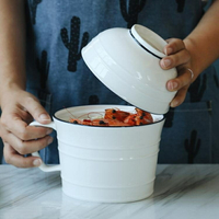 買一送一 韓式湯碗簡約面碗創意泡面杯帶把手帶蓋飯碗家用陶瓷餐具套裝  居家物語
