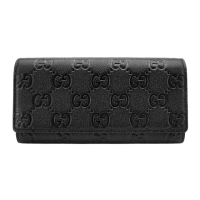 【GUCCI 古馳】GG Emblem 荔枝牛皮GG壓紋釦式長夾(815922-黑)