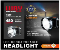 Senter Kepala Luby 40 Watt Baterai Cas Ulang L2888LN L2888KN Cahaya Putih & Kuning Head lamp Mancing