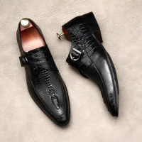 Luxury Genuine Leather Men Monk Strap Shoes Black Wing Tip Crocodile Pattern Loafers Mens Dress Shoes Wedding Office Shoes Men