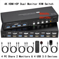 Dual Monitor HDMI+Displayport KVM Switch 4 Computers 2 Monitors 4K@60Hz 2K@120Hz KVM Switches for 4 PCs Share 4 USB 3.0 Devices