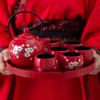 Chinese Style Plum Blossom Ceramic Wedding Tea Set Tea Ceremony Cup Set New Couple Dowry Wedding Ceremony Items Gift Set