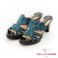 【CUMAR】花朵配色排鑽厚底粗跟拖涼鞋-藍