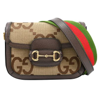 GUCCI 古馳  Horsebit 1955 經典馬銜扣緹花帆布斜背馬鞍包/學院包(駝/深棕)