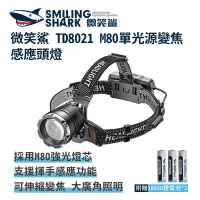 微笑鯊【TD8021 M80 單光源變焦感應強光頭燈】防水 感應頭燈 高亮頭燈 釣魚頭燈 頭戴式頭 工作頭燈 充電頭燈 夜釣燈 露營燈 登山 戶外照明 手電筒 超亮遠射 爆亮