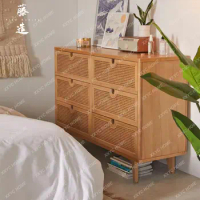 Rattan Vintage Six-Drawer Cabinet Four-Drawer Cabinet Solid Wood Bedroom Storage Cabinet Wall Drawer Cabinet