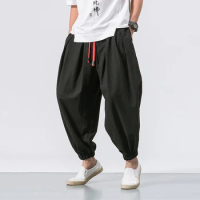 Japanese Men Pants Samurai Style Harajuku Streetwear Harem Pants Solid Color Summer Casual Loose Cotton Linen Sweatpants Jogger