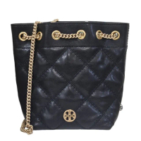 【TORY BURCH】TB 金色LOGO WILLA菱格紋皮革斜斜背鏈條包水桶包(贈原廠防塵袋紙袋)