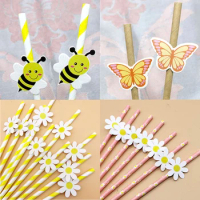 10/20/30 Daisy Paper Straw Disposable Straw for Garden Party Supplies Bee Butterfly Straw