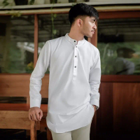 Baju Koko Pria Kemeja Kurta Polos Kurta Pakistan Muslim Putih White - XL