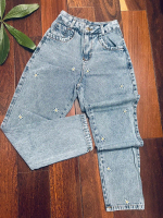 HM MODA Calça moon jeans feminina bordad com detalhes de flores margaridas