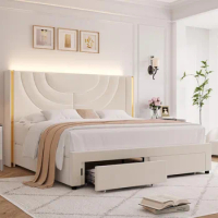 LED Queen Bed Frame with 2 Storage Drawers Solid Wooden, Solid Wooden Slats Support, No Box Spring Needed, Queen Bed Frame