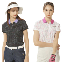 【Lynx Golf】女款合身版吸排抗UV機能精美配色領滿版Lynx字樣印花短袖POLO衫/高爾夫球衫(二色)