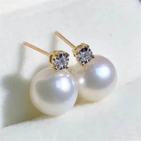 DIY Pearl Accessories G18K Gold Diamond Earrings with Empty Support, Single Diamond Princess Style Earrings Fit 7-10mm Beads