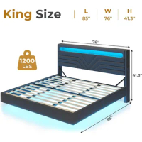 Floating Bed Frame King Size with Type-C Charging Station&amp; Hidden Storage Headboard, Floating Platform Bed with RGB LED Lights