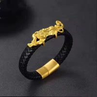 越南沙金猛虎貔貅皮繩手鏈手環黃銅鍍金男士霸氣手鏈送禮禮物
