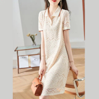 【初色】清涼感撞色線條翻領蕾絲連身連衣裙洋裝-米白色-67275(M-2XL可選)