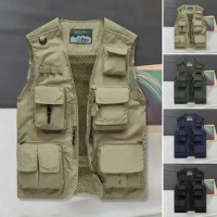 Men Outdoor Vest Solid Color Men's Outdoor Vest with Multi-pocket Design Removable Back Cloth Zipper Closure Ideal for Fishing