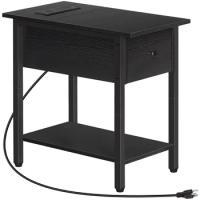 HOOBRO Side Tables with Charging Station Narrow Bedside Tables Sofa Side Tables with Drawer 2-Tier Coffee Tables For Living Room