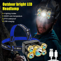 Senter Kepala 5 LED Super Terang Headlamp 45W Cahaya Putih Cas USB Tahan Air