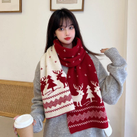 圣誕小鹿新年圍巾女冬季韓系百搭可愛麋鹿紅色學生保暖針織圍脖潮