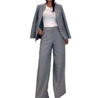 Tesco Casual Blazer And Pants For Women Suit Sets Gray Loose Pantsuit For Office Work Fashion Wide Leg Pants 2 Piece Outfits