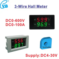 Three Wires DC Hall VA Meter Current Transformer 100A LED Voltmeter Ammeter DC Volt Amp Panel Meter DC 0-600V Hall Dual Meter