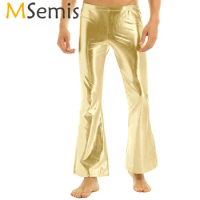 Men Metallic Disco Vintage Pants Leisure Long Pants 70's Theme Bell Bottom Flared Dude Holographic Clothes Costume Trousers