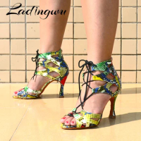 Ladingwu Ladingwu Dance Shoes Trend Snake texture Salsa Dance Shoes Women's Latin Shoes Dance Boots Wide and narrow adjustment