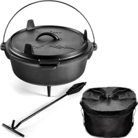 Camping with Lid Lifter and Storage Bag - Cast Iron Dutch Oven Pot with Lid, Cast Iron Camping Cookware, Camping Oven