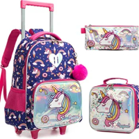 16 Inch School Trolley bag with wheels for girls Kids Rolling luggage Suitcase School Wheeled Backpack Lunch Bag Set for boys