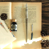 Italian Bortoletti All Copper Manual Penknife Dip Pen Letter Opener Ink NIB Gift Box Set