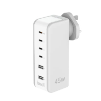 BUDI AC301RUW 45W 4 個 TYPE-C 和 2 個 USB PD 充電器，180 度旋轉，白色 (V265)