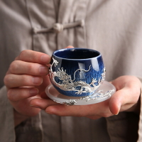 建盞手工鑲銀主人杯大號金鑲玉茶杯拉絲茶盞品茗杯家用窯變功夫杯
